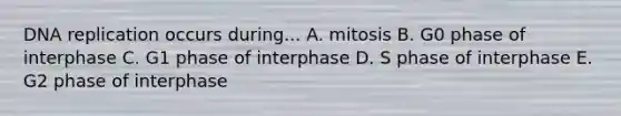 <a href='https://www.questionai.com/knowledge/kofV2VQU2J-dna-replication' class='anchor-knowledge'>dna replication</a> occurs during... A. mitosis B. G0 phase of interphase C. G1 phase of interphase D. S phase of interphase E. G2 phase of interphase