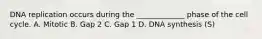 DNA replication occurs during the _____________ phase of the cell cycle. A. Mitotic B. Gap 2 C. Gap 1 D. DNA synthesis (S)