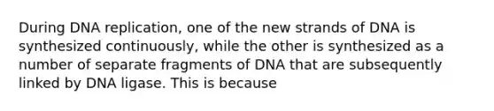 During DNA replication, one of the new strands of DNA is synthesized continuously, while the other is synthesized as a number of separate fragments of DNA that are subsequently linked by DNA ligase. This is because