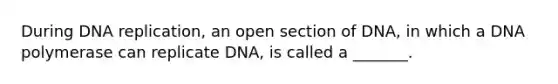 During <a href='https://www.questionai.com/knowledge/kofV2VQU2J-dna-replication' class='anchor-knowledge'>dna replication</a>, an open section of DNA, in which a DNA polymerase can replicate DNA, is called a _______.