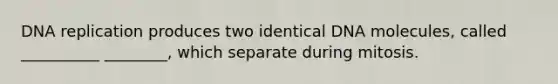 <a href='https://www.questionai.com/knowledge/kofV2VQU2J-dna-replication' class='anchor-knowledge'>dna replication</a> produces two identical DNA molecules, called __________ ________, which separate during mitosis.