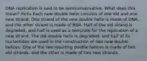 DNA replication is said to be semiconservative. What does this mean? Hints Each new double helix consists of one old and one new strand. One strand of the new double helix is made of DNA, and the other strand is made of RNA. Half of the old strand is degraded, and half is used as a template for the replication of a new strand. The old double helix is degraded, and half of its nucleotides are used in the construction of two new double helices. One of the two resulting double helices is made of two old strands, and the other is made of two new strands.