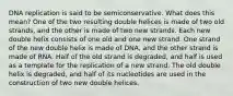 DNA replication is said to be semiconservative. What does this mean? One of the two resulting double helices is made of two old strands, and the other is made of two new strands. Each new double helix consists of one old and one new strand. One strand of the new double helix is made of DNA, and the other strand is made of RNA. Half of the old strand is degraded, and half is used as a template for the replication of a new strand. The old double helix is degraded, and half of its nucleotides are used in the construction of two new double helices.