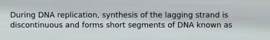 During DNA replication, synthesis of the lagging strand is discontinuous and forms short segments of DNA known as