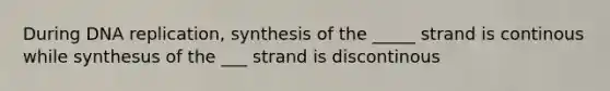 During DNA replication, synthesis of the _____ strand is continous while synthesus of the ___ strand is discontinous