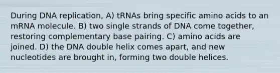 During DNA replication, A) tRNAs bring specific amino acids to an mRNA molecule. B) two single strands of DNA come together, restoring complementary base pairing. C) amino acids are joined. D) the DNA double helix comes apart, and new nucleotides are brought in, forming two double helices.