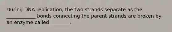 During DNA replication, the two strands separate as the ____________ bonds connecting the parent strands are broken by an enzyme called ________.