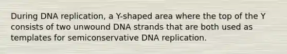 During DNA replication, a Y-shaped area where the top of the Y consists of two unwound DNA strands that are both used as templates for semiconservative DNA replication.