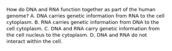 How do DNA and RNA function together as part of the human genome? A. DNA carries genetic information from RNA to the cell cytoplasm. B. RNA carries genetic information from DNA to the cell cytoplasm. C. DNA and RNA carry genetic information from the cell nucleus to the cytoplasm. D. DNA and RNA do not interact within the cell.