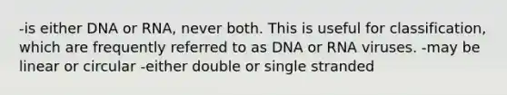 -is either DNA or RNA, never both. This is useful for classification, which are frequently referred to as DNA or RNA viruses. -may be linear or circular -either double or single stranded