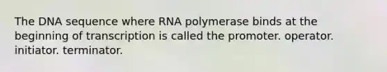 The DNA sequence where RNA polymerase binds at the beginning of transcription is called the promoter. operator. initiator. terminator.