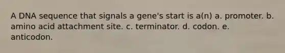 A DNA sequence that signals a gene's start is a(n) a. promoter. b. amino acid attachment site. c. terminator. d. codon. e. anticodon.