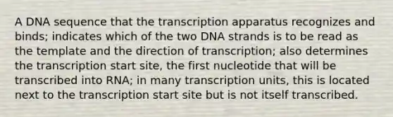 A DNA sequence that the transcription apparatus recognizes and binds; indicates which of the two DNA strands is to be read as the template and the direction of transcription; also determines the transcription start site, the first nucleotide that will be transcribed into RNA; in many transcription units, this is located next to the transcription start site but is not itself transcribed.