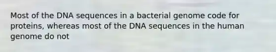 Most of the DNA sequences in a bacterial genome code for proteins, whereas most of the DNA sequences in the human genome do not