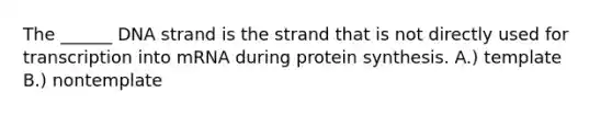 The ______ DNA strand is the strand that is not directly used for transcription into mRNA during protein synthesis. A.) template B.) nontemplate