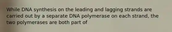 While DNA synthesis on the leading and lagging strands are carried out by a separate DNA polymerase on each strand, the two polymerases are both part of