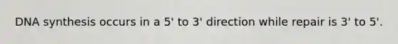 DNA synthesis occurs in a 5' to 3' direction while repair is 3' to 5'.