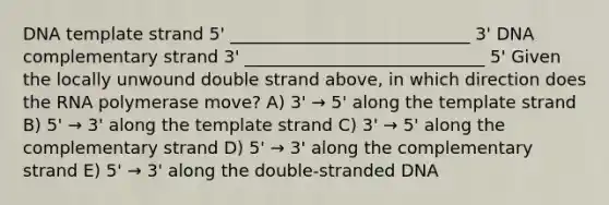 DNA template strand 5' ____________________________ 3' DNA complementary strand 3' ____________________________ 5' Given the locally unwound double strand above, in which direction does the RNA polymerase move? A) 3' → 5' along the template strand B) 5' → 3' along the template strand C) 3' → 5' along the complementary strand D) 5' → 3' along the complementary strand E) 5' → 3' along the double-stranded DNA