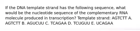 If the DNA template strand has the following sequence, what would be the nucleotide sequence of the complementary RNA molecule produced in transcription? Template strand: AGTCTT A. AGTCTT B. AGUCUU C. TCAGAA D. TCUGUU E. UCAGAA