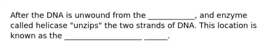 After the DNA is unwound from the ____________, and enzyme called helicase "unzips" the two strands of DNA. This location is known as the ____________________ ______.