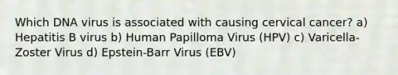 Which DNA virus is associated with causing cervical cancer? a) Hepatitis B virus b) Human Papilloma Virus (HPV) c) Varicella-Zoster Virus d) Epstein-Barr Virus (EBV)