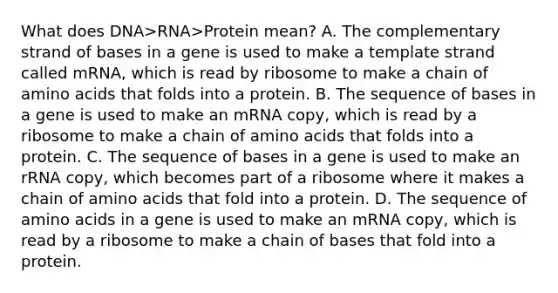 What does DNA>RNA>Protein mean? A. The complementary strand of bases in a gene is used to make a template strand called mRNA, which is read by ribosome to make a chain of amino acids that folds into a protein. B. The sequence of bases in a gene is used to make an mRNA copy, which is read by a ribosome to make a chain of amino acids that folds into a protein. C. The sequence of bases in a gene is used to make an rRNA copy, which becomes part of a ribosome where it makes a chain of amino acids that fold into a protein. D. The sequence of amino acids in a gene is used to make an mRNA copy, which is read by a ribosome to make a chain of bases that fold into a protein.