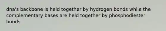 dna's backbone is held together by hydrogen bonds while the complementary bases are held together by phosphodiester bonds