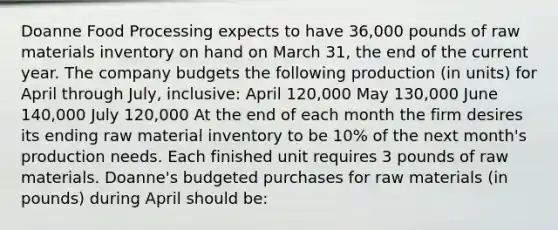 Doanne Food Processing expects to have 36,000 pounds of raw materials inventory on hand on March 31, the end of the current year. The company budgets the following production (in units) for April through July, inclusive: April 120,000 May 130,000 June 140,000 July 120,000 At the end of each month the firm desires its ending raw material inventory to be 10% of the next month's production needs. Each finished unit requires 3 pounds of raw materials. Doanne's budgeted purchases for raw materials (in pounds) during April should be: