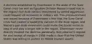 A doctrine established by Eisenhower in the wake of the Suez Canal crisis (as well as Egyptian Dictator Nasser's rapid rise in the region) that Arab nations threatened by armed aggression could request US economic or military aid. This pronouncement was issued because of Eisenhower's fear that the Suez Canal crisis had created a leadership vacuum in the Arab region, and Nasser's pan-Arab movement could invite the Soviet Union to step in and play a larger role in the region. Eisenhower never directly invoked the doctrine personally, but Lebanon's request for and receipt of troops in 1958 made it clear that the United States was willing to protect its Middle Eastern assets.