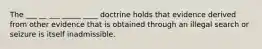 The ___ __ ___ _____ ____ doctrine holds that evidence derived from other evidence that is obtained through an illegal search or seizure is itself inadmissible.