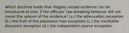 Which doctrine holds that illegally seized evidence can be introduced at trial, if the officials' law-breaking behavior did not cause the seizure of the evidence? (a.) the attenuation exception (b.) the fruit of the poisonous tree exception (c.) the inevitable discovery exception (d.) the independent source exception