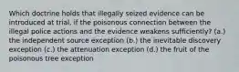 Which doctrine holds that illegally seized evidence can be introduced at trial, if the poisonous connection between the illegal police actions and the evidence weakens sufficiently? (a.) the independent source exception (b.) the inevitable discovery exception (c.) the attenuation exception (d.) the fruit of the poisonous tree exception