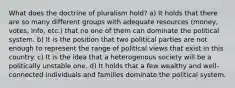 What does the doctrine of pluralism hold? a) It holds that there are so many different groups with adequate resources (money, votes, info, etc.) that no one of them can dominate the political system. b) It is the position that two political parties are not enough to represent the range of political views that exist in this country. c) It is the idea that a heterogenous society will be a politically unstable one. d) It holds that a few wealthy and well-connected individuals and families dominate the political system.