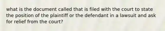 what is the document called that is filed with the court to state the position of the plaintiff or the defendant in a lawsuit and ask for relief from the court?