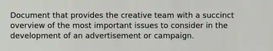 Document that provides the creative team with a succinct overview of the most important issues to consider in the development of an advertisement or campaign.