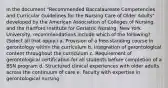 In the document "Recommended Baccalaureate Competencies and Curricular Guidelines for the Nursing Care of Older Adults" developed by the American Association of Colleges of Nursing and the Hartford Institute for Geriatric Nursing, New York University, recommendations include which of the following? (Select all that apply.) a. Provision of a free-standing course in gerontology within the curriculum b. Integration of gerontological content throughout the curriculum c. Requirement of gerontological certification for all students before completion of a BSN program d. Structured clinical experiences with older adults across the continuum of care e. Faculty with expertise in gerontological nursing