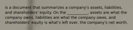 is a document that summarizes a company's assets, liabilities, and shareholders' equity. On the ___________, assets are what the company owns, liabilities are what the company owes, and shareholders' equity is what's left over, the company's net worth.