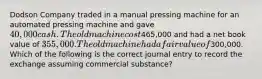 Dodson Company traded in a manual pressing machine for an automated pressing machine and gave 40,000 cash. The old machine cost465,000 and had a net book value of 355,000. The old machine had a fair value of300,000. Which of the following is the correct journal entry to record the exchange assuming commercial substance?