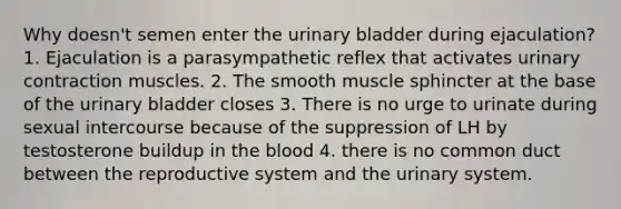 Why doesn't semen enter the urinary bladder during ejaculation? 1. Ejaculation is a parasympathetic reflex that activates urinary contraction muscles. 2. The smooth muscle sphincter at the base of the urinary bladder closes 3. There is no urge to urinate during sexual intercourse because of the suppression of LH by testosterone buildup in the blood 4. there is no common duct between the reproductive system and the urinary system.