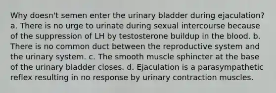 Why doesn't semen enter the <a href='https://www.questionai.com/knowledge/kb9SdfFdD9-urinary-bladder' class='anchor-knowledge'>urinary bladder</a> during ejaculation? a. There is no urge to urinate during sexual intercourse because of the suppression of LH by testosterone buildup in <a href='https://www.questionai.com/knowledge/k7oXMfj7lk-the-blood' class='anchor-knowledge'>the blood</a>. b. There is no common duct between the reproductive system and the urinary system. c. The smooth muscle sphincter at the base of the urinary bladder closes. d. Ejaculation is a parasympathetic reflex resulting in no response by urinary contraction muscles.