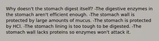 Why doesn't <a href='https://www.questionai.com/knowledge/kLccSGjkt8-the-stomach' class='anchor-knowledge'>the stomach</a> digest itself? -The <a href='https://www.questionai.com/knowledge/kK14poSlmL-digestive-enzymes' class='anchor-knowledge'>digestive enzymes</a> in the stomach aren't efficient enough. -The stomach wall is protected by large amounts of mucus. -The stomach is protected by HCl. -The stomach lining is too tough to be digested. -The stomach wall lacks proteins so enzymes won't attack it.