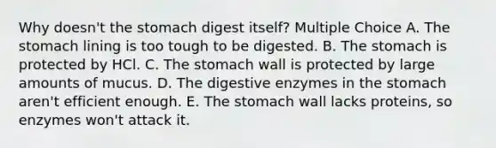 Why doesn't the stomach digest itself? Multiple Choice A. The stomach lining is too tough to be digested. B. The stomach is protected by HCl. C. The stomach wall is protected by large amounts of mucus. D. The digestive enzymes in the stomach aren't efficient enough. E. The stomach wall lacks proteins, so enzymes won't attack it.