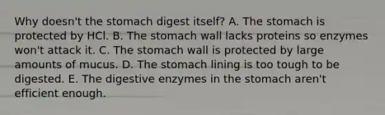 Why doesn't the stomach digest itself? A. The stomach is protected by HCl. B. The stomach wall lacks proteins so enzymes won't attack it. C. The stomach wall is protected by large amounts of mucus. D. The stomach lining is too tough to be digested. E. The digestive enzymes in the stomach aren't efficient enough.