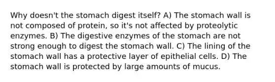 Why doesn't the stomach digest itself? A) The stomach wall is not composed of protein, so it's not affected by proteolytic enzymes. B) The digestive enzymes of the stomach are not strong enough to digest the stomach wall. C) The lining of the stomach wall has a protective layer of epithelial cells. D) The stomach wall is protected by large amounts of mucus.