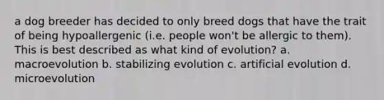 a dog breeder has decided to only breed dogs that have the trait of being hypoallergenic (i.e. people won't be allergic to them). This is best described as what kind of evolution? a. macroevolution b. stabilizing evolution c. artificial evolution d. microevolution