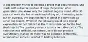 A dog breeder wishes to develop a breed that does not bark. She starts with a diverse mixture of dogs. Generation after generation, she allows only the quietest dogs to breed. After 30 years of work she has a new breed of dog with interesting traits, but on average, the dogs still bark at about the same rate as other dog breeds. Which of the following would be a logical explanation for her failure? a) There is no variation for the trait (barking). b) The tendency to bark is not a heritable trait. c) The selection was artificial, not natural, so it did not produce evolutionary change. d) There was no selection (differential reproductive success) related to barking behavior.