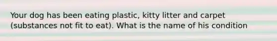 Your dog has been eating plastic, kitty litter and carpet (substances not fit to eat). What is the name of his condition