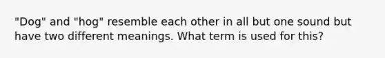 "Dog" and "hog" resemble each other in all but one sound but have two different meanings. What term is used for this?