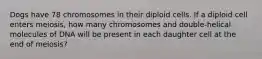 Dogs have 78 chromosomes in their diploid cells. If a diploid cell enters meiosis, how many chromosomes and double-helical molecules of DNA will be present in each daughter cell at the end of meiosis?