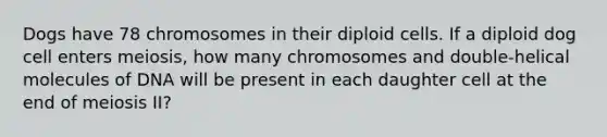 Dogs have 78 chromosomes in their diploid cells. If a diploid dog cell enters meiosis, how many chromosomes and double-helical molecules of DNA will be present in each daughter cell at the end of meiosis II?